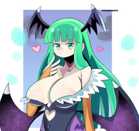 aqua_eyes aqua_hair big_breasts breasts capcom cleavage darkstalkers demon dorago_dorago dragodragodran female huge_breasts large_breasts long_hair looking_at_viewer milf morrigan_aensland skimpy_clothes smile solo succubus tagme wings