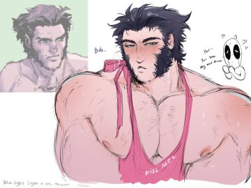 2boys apron baimonbluewhale bara blue_eyes blush chest_hair deadpool english_text gay large_pectorals logan_(x-men) male male_only marvel marvel_comics mask muscles muscular muscular_male naked_apron nipples short_hair wade_wilson wolverine_(x-men) x-men yaoi