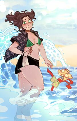 beach beach_outfit bracelet breasts brunette bun_hair chubby chubby_female creepypasta fakdog_(step_right_up) female freckles freckles_on_breasts freckles_on_shoulders freckles_on_stomach freckles_on_thighs friday_night_funkin friday_night_funkin_mod green_eyes hair_in_bun hand_on_hip looking_at_viewer nervous_smile nervous_sweat not_porn ocean_background open_coat sara_taylor slit_skirt small_breasts smile.dog smile_dog step_right_up:_adventure_isle thick_thighs wide_hips