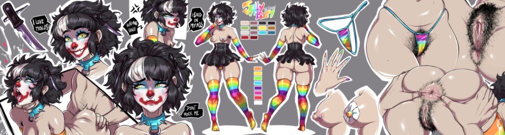 1boy 1girls absurd_res anus areolae armwear ass black_hair breasts character_sheet clown_girl clown_makeup collar color_palette dialogue doggy_style dress english_text female green_eyes hair_ornament hairy_anus hairy_female hairy_pussy jelly_booty_(turtlechan) knife knife_hair_ornament lip_piercing male neck_grab nipple_pasties nipple_piercing nipples nose_ring nude nude_female pasties piercing pubic_hair pussy rainbow_armwear rainbow_clothing rainbow_thigh_highs speech_bubble spiked_collar spread_anus spreading text thick_ass thick_thighs thighhighs thong turtlechan white_highlights