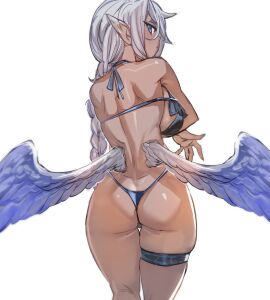 ass back_to_viewer big_ass big_breasts bikini blue_eyes bow_(bhp) braid braided_hair breasts female from_behind_position looking_back original pointed_ears swimsuit tan_skin white_background wide_hips wings