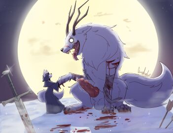 absurd_res ambiguous_gender animal_genitalia animal_penis anthro balls balls_tuft bodily_fluids canid canine canine_genitalia canine_penis canis ccruelangel claws demon duo erection fantasy feral fog fur genital_fluids genitals hi_res horn male mammal medieval melee_weapon moon night penis precum size_difference smile snow sword tuft weapon white_body white_fur wolf wounded