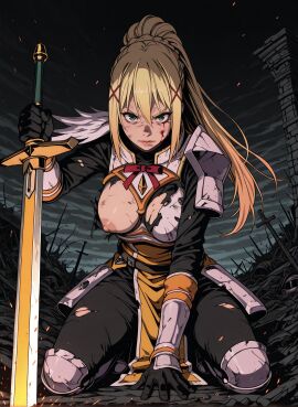 1female 1girls ai_generated armor blonde_hair bodysuit braid braided_hair breasts breasts_exposed broken_armor darkness_(konosuba) dustiness_ford_latatina female female_knight fierce fierce_expression full_body futality green_eyes hair_accessory holding_sword kneeling knight kono_subarashii_sekai_ni_shukufuku_wo! konosuba large_breasts lips long_hair looking_at_viewer nipples plate_armor ponytail ripped_clothing solo tattered torn_clothing