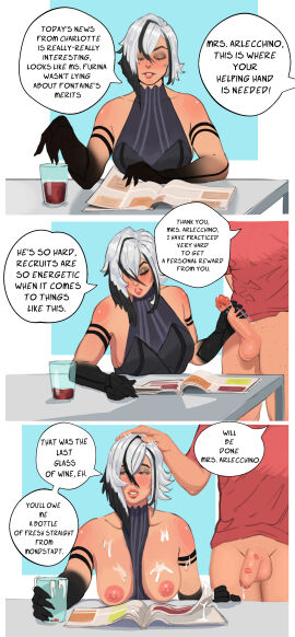 1boy 1girls arlecchino_(genshin_impact) blush breasts closed_eyes color comic comic_page cum cum_on_body cum_on_breasts dialogue digital_media_(artwork) eyelashes female female_human genshin_impact handjob lips lipstick lipstick_on_penis magazine male nipples open_mouth partial_male penis r4stishk4 reading red_eyes short_hair snezhnaya_girls teeth text text_box text_bubble white_hair wine wine_glass