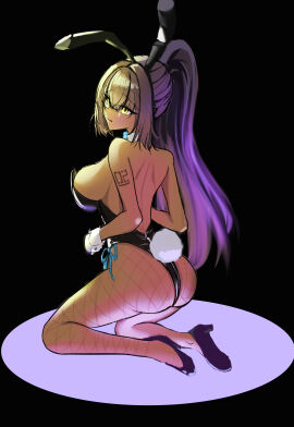 1girls ass black_hair black_leotard blue_archive bowtie breasts bunny_ears bunny_tail detached_collar fake_animal_ears fake_tail female fishnets high_heels karin_(blue_archive) karin_(bunny)_(blue_archive) kneeling large_breasts leotard looking_at_viewer number_tattoo playboy_bunny ponytail sesefadou_0v0 tattoo tattoo_on_arm wrist_cuffs yellow_eyes