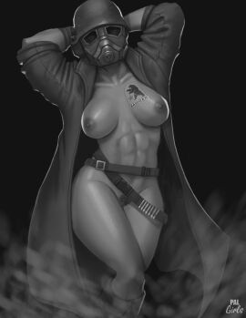 1girls 2024 2d 2d_(artwork) abs areolae arms_up artist_name athletic athletic_female belt bethesda_softworks big_breasts black_and_white black_background boots breast_tattoo breasts bullet bullets clothing fallout fallout_new_vegas female female_only fit fit_female helmet human human_only light-skinned_female light_skin monochrome ncr_ranger_(fallout) ncr_ranger_helmet nipples no_sex palgirls partially_nude pose posing_for_the_viewer prettyandlethal pubic_hair pussy realistic_proportions seductive seductive_pose simple_background solo solo_female tattoo tattoo_on_breast