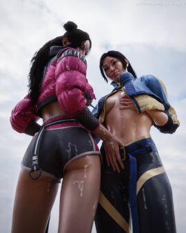 3d ass big_ass big_breasts breasts breasts_out clothed cum cum_on_clothes earthrealm_kitana earthrealm_mileena edenian erotic_costume female kitana kitana_(new_era) kiteena looking_at_viewer low-angle_view mileena mileena_(new_era) mortal_kombat mortal_kombat_1_(2023) no_bra nyxenartz self_upload smile smiling smiling_at_viewer tarkatan tits_out