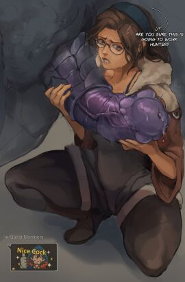 absurdres alma_(monster_hunter_wilds) brown_eyes brown_hair brown_jacket english_commentary english_text female glasses gore_magala hairband highres huge_cock jacket long_hair male midnight_teeth monster monster_cock monster_hunter monster_hunter_(series) monster_hunter_wilds on_one_knee penis precum uncensored veins veiny_penis zoophilia