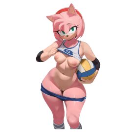 alternate_costume amy_rose anthro ball_(object) blue_shorts breasts cleft_of_venus clothes_lift clothes_pull collarbone commentary cowboy_shot dolphin_shorts elbow_pads english_commentary eyelashes female furrowed_brow furry furry_female green_eyes hedgehog highres holding holding_ball medium_breasts nipples no_artist_signature pink_fur pussy shirt_lift shorts shorts_pull smewed smile solo sonic_(series) sportswear standing tank_top thigh_gap transparent_background v-shaped_eyebrows volleyball volleyball_uniform white_tank_top wide_hips