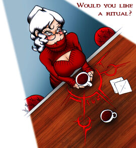 biting_clothes coffee coffee_cup counter female galejro glasses grey_eyes hania_(galejro) happy keyhole keyhole_turtleneck long_hair mage magic magic_runes red_clothing restaurant ritual runes sitting smiling spell sweater table turtleneck turtleneck_sweater vampire vampire_girl warlock white_hair wizard