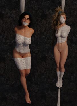 2girls 3d blender_cycles blonde_hair bondage bound female female_only full_body gagged gemma_(monster_hunter_wilds) glasses monster_hunter monster_hunter_wilds nude nude_female ramzes43 webbing
