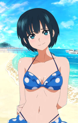 1girls beach bikini blue_eyes blush botan_nagatsuki breasts cleavage female female_focus female_only highres light-skinned_female light_skin looking_at_viewer male malevolent_spirits:_mononogatari medium_breasts mononogatari outside polka_dot polka_dot_bikini short_hair standing swimsuit upper_body