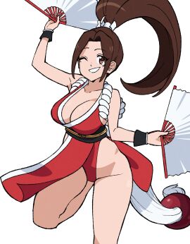 1girls big_breasts breasts brown_eyes brown_hair fan fatal_fury female female_only fully_clothed gloves hair human japanese japanese_clothes king_of_fighters light-skinned_female light_skin long_hair mai_shiranui one_eye_closed one_leg_up panties pointy_chin smiling smiling_at_viewer snk solo solo_female tail thighs tied_hair voluptuous wide_hips