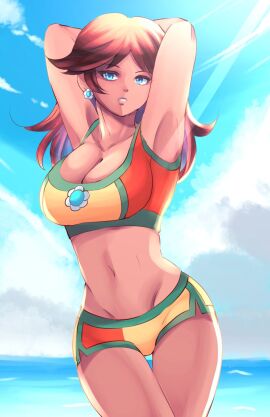 1girls alternate_costume armpits arms_behind_head blue_eyes breasts brown_hair cleavage cowboy_shot crop_top dolphin_shorts earrings english_commentary female flower_earrings jewelry large_breasts long_hair looking_at_viewer mario_(series) mario_kart mario_kart_world midriff navel nintendo official_alternate_costume princess_daisy princess_daisy_(swimwear) sean_sorey shorts smile solo sports_bra thigh_gap water yellow_shorts yellow_sports_bra