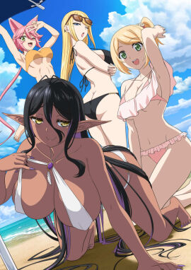 4girls :d absurdres all_fours animal_ear_piercing animal_ears antenna_hair armpits arms_under_breasts arms_up ass ass_cleavage ass_crack back beach beach_umbrella bikini bikini_pull bikini_top_pull black_bikini black_hair blonde_hair blue_eyes blue_sky breasts butt_crack cecile_(aiomodarkelf) chotto_dake_ai_ga_omoi_dark_elf_ga_isekai_kara_oikakete_kita closed_mouth clothes_pull cloud colored_inner_hair crossed_arms dark-skinned_female dark_skin dutch_angle elf female frilled_bikini frills green_eyes hair_between_eyes hand_in_own_hair highres horizon jitome jumping key_visual kneeling large_breasts long_hair looking_at_viewer looking_back mariabelle_(chotto_dake_ai_ga_omoi_dark_elf_ga_isekai_kara_oikakete_kita) mei_(aiomodarkelf) mochida_sakura mochida_sakura_(aiomodarkelf) mole mole_under_eye multicolored_hair multiple_females multiple_girls navel official_art one_eye_closed open_mouth orange_bikini pink_bikini pink_hair pointy_ears ponytail promotional_art purple_hair purple_nails sand short_hair skindentation sky smile standing swimsuit tareme textless_version two-tone_hair umbrella underboob v very_long_hair water white_bikini yellow_eyes