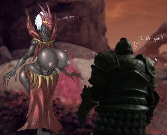 ancient_dragon_florissax animal_humanoid anthro areola armor ass big_ass big_breasts big_butt blush blush_lines bodily_fluids breasts claws clothed clothing curvy_figure dialogue dragon dragon_communion_priestess dragon_humanoid duo elden_ring english_text female fromsoftware hair hi_res horn humanoid lactating milk mythological_creature mythological_scalie mythology navel nipples scalie shadow_of_the_erdtree skimpy tarnished text thick_thighs vf-01s voluptuous wide_hips yellow_eyes