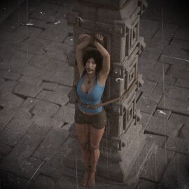 1girls 3d bondage bound bound_legs bound_wrists cleavage clothed_bondage female female_only femsub full_body fully_clothed fully_clothed_female gag gagged lara_croft raining rendereddefenseless rope solo tied_to_pillar tomb_raider