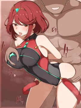 1boy 1girls absurdres arms_behind_back aroused ass_grab breast_grab breasts circlet clothed_female_nude_male clothed_sex core_crystal doggy_style female grabbing_another's_breast grabbing_from_behind grin groping highres human human_female human_male large_breasts leotard light-skinned_female looking_pleasured male milliani netorare nude one-piece_swimsuit open_mouth penis pleasure_rape pyra pyra_(pro_swimmer)_(xenoblade) red_eyes red_hair restrained restraints sex sex_from_behind slim_waist smile standing standing_sex straight swept_bangs swimsuit teeth tongue tongue_out vaginal_penetration variant_set xenoblade_(series) xenoblade_chronicles_2