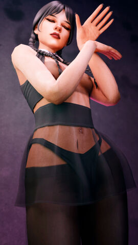 1girls 3arrows 3d actress belly belly_button black_hair black_panties black_skirt blender braids breasts brown_hair celebrity closed_eyes dress female goth goth_girl jenna_ortega lipstick nail_polish nipples nipples_visible_through_clothing panties posing see-through see-through_clothing simple_background skirt small_breasts solo solo_female solo_focus stockings the_addams_family transparent_clothing twin_braids wednesday_(netflix) wednesday_addams