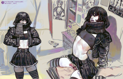 2boys arched_back bed bedding bedroom big_lips black_clothing black_hair black_skirt black_tube_top black_tubetop clothed clothed_sex cowgirl_position crossdressing doomer_boy emo erect_nipples erect_penis erection female femboy feminine feminine_body feminine_male feminine_pose flat_chest full_lips gay goth goth_boy goth_femboy gothic leaking_penis leaking_precum legwear light-skinned_male light_skin lips makeup male male_on_bottom male_on_top midriff navel nipple_bulge nipples nipples_visible_through_clothing original pale-skinned_male pale_skin penis petite petite_body petite_male poster_(object) precum riding riding_cock riding_penis sabudenego scarf see-through_top short_hair sitting sitting_on_lap sitting_on_penis sitting_on_person skinny skirt small_penis striped_thighhighs thick_lips thighhighs thighs tube_top tubetop white_body white_skin yaoi