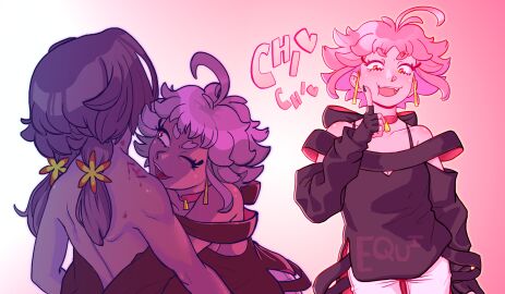 2girls ahoge artist_name bite_mark bite_mark_on_neck black_gloves black_nails black_shirt bleeding breasts brown_hair choker cleavage commentary earrings english_commentary equinoxette eyelashes female fingerless_gloves flower gloves gradient_background hair_flower hair_ornament highres hug index_finger_raised jewelry lesbian live_(mayonaka_punch) long_hair masaki_(mayonaka_punch) mayonaka_punch multiple_females multiple_girls one_eye_closed pink_background pink_hair red_choker shirt small_breasts sound_effects standing thick_eyebrows twintails yellow_eyes yuri