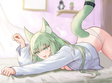 arknights ass cat_girl catgirl cleavage female harmonie_(arknights) no_bra panties runyo_(yale12312)