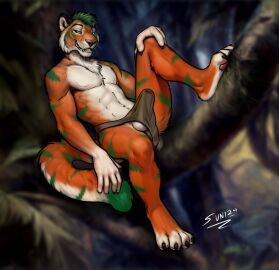 balls bodily_fluids bottomwear clothing erection felid genital_fluids genitals hi_res loin loincloth male male_only mammal pantherine paws plant precum sunitai tiger tree tribal