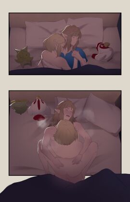 1boy 1girls ass bed blonde_hair blue_shirt breath brown_hair closed_eyes comic completely_nude cowgirl_position cucco cuddling female female_on_top from_above hetero highres hug korok link lying male naked nintendo nude on_back on_bed open_mouth pillow plushie pointy_ears pomelomelon princess_zelda sex shirt short_hair sleeping steam straddling stuffed_animal stuffed_toy tears_of_the_kingdom the_legend_of_zelda the_legend_of_zelda:_tears_of_the_kingdom white_shirt wholesome zelda_(tears_of_the_kingdom)