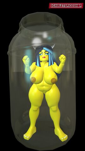 1girls 3d barefoot bbw big_breasts big_hips black_hair blue_hair blush bottle lady_bone_demon lego lego_monkie_kid naked scarletspiceshop shrunk trapped