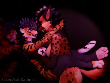 3d against_surface against_wall alber anthro bared_teeth blender_(artwork) blender_cycles breast_grab breasts choker claws clothing collar digital_media_(artwork) duo ear_piercing eye_contact facial_piercing facial_tuft fangs felid female female/female fishnet_clothing fur hair hand_on_breast heart_eyes heart_symbol hi_res hyena hyenid_(species) jewelry kassio_(softkathrin) kat_(softkathrin) larger_female legs_around_partner legwear looking_at_another looking_at_breasts looking_pleasured makeup mammal markings narrowed_eyes necklace nipple_piercing nipples nose_piercing open_mouth orange_eyes pantherine pasties pawpads piercing pinned pinned_to_wall purple_eyes reflection sabertooth_(anatomy) size_difference smaller_female softkathrin spotted_hyena standing stockings striped_body striped_markings striped_tail stripes tail tail_markings teeth thigh_highs tiger tongue tongue_out tuft watermark