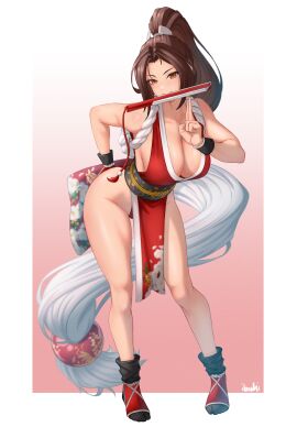 1girls absurdres bent_over breasts brown_hair fatal_fury female highres ibouki king_of_fighters large_breasts long_hair mai_shiranui ponytail solo thick_thighs thighs wide_hips