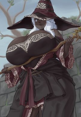 1girls 2025 alternate_version_at_paywall alternate_version_available areola_bulge big_breasts boob_window breasts clothed clothing dark-skinned_female dark_skin dotil elden_ring elden_ring_nightreign female female_only fromsoftware fully_clothed grey_eyes hi_res highres holding_object huge_breasts one_eye_obstructed png recluse_(nightreign) solo_female staff thick_legs thick_thighs veiny_breasts white_hair wide_hips