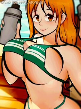 1girls animated animated_gif arkeus beach big_breasts bikini bouncing_breasts breasts brown_hair busty clothing female female_only gif huge_breasts large_breasts long_hair looking_at_viewer nami_(one_piece) one_piece orange-haired_female orange_hair outdoors smile solo wide_hips