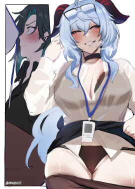 1boy 1girls big_breasts black_underwear bra_visible_through_clothes breasts breasts_on_face dark_green_hair demon demon_boy female ganyu_(genshin_impact) genshin_impact glasses_on_head goat_girl goat_horns ice_blue_hair id_card kurenaiz1 lifting_skirt light-skinned_female light-skinned_male light_skin male pants_down reupload showing_panties thick_thighs translucent_clothing wet_clothes white_blouse xiao_(genshin_impact)