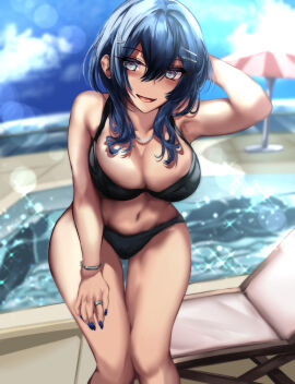 aqua_eyes arm_up armpits bikini blue_eyes blue_hair blush breasts cleavage day feet_out_of_frame female female_focus groin hair_between_eyes highres jewelry large_breasts legs long_hair looking_at_viewer nail_polish open_mouth original outdoors pool ring shoushin_gal_wo_netotte_haramasetai!! sky smile solo standing swimsuit thigh_gap thighs tonosama_penguin water wedding_band