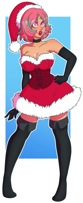 big_breasts bimbo bimbo_lips breasts christmas christmas_headwear christmas_outfit female heart-shaped_pupils multicolored_hair pink_eyes wrenzephyr2