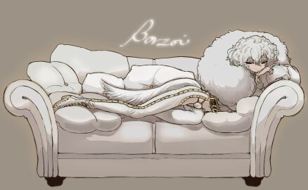 1boy animal_ears animal_penis black_eyes borzoi brown_background closed_mouth commentary_request couch crotch_cutout dog_boy dog_ears dog_tail full_body fur_collar grey_hair grey_jacket grey_panties head_rest high_heels highres jacket long_sleeves looking_at_viewer lying male male_focus on_side original otoko_no_ko panties penis personification shima_(wansyon144) short_hair simple_background smile solo solo_male tail underwear