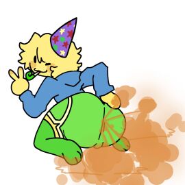 artist_signature ass big_ass big_butt blinking blush clothing cloverbugz fart fart_cloud fart_fetish fat_ass fat_butt feet huge_ass kneeling looking_at_viewer male non-human noob one_eye_closed pants party party_hat poob_(regretevator) regretevator roblox solo star star_(symbol) thick_thighs thighhighs