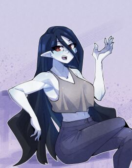 1girls 2022 adventure_time armpits belly belly_button cartoon_network cleavage crop_top eyes_visible_through_hair fangs female female_focus fully_clothed long_hair looking_at_viewer marceline open_mouth pants signature sitting solo solo_female solo_focus vampire yutakke
