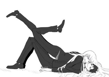 1boy angelica_(library_of_ruina) black_eyes black_footwear black_hair black_pants blue_eyes closed_mouth cowgirl_position draw_your_fav_ship_like_this_(meme) female highres hug husband_and_wife library_of_ruina long_hair long_sleeves looking_at_viewer male meme nugii open_mouth pants project_moon roland_(library_of_ruina) shoes simple_background smile very_long_hair white_background white_hair