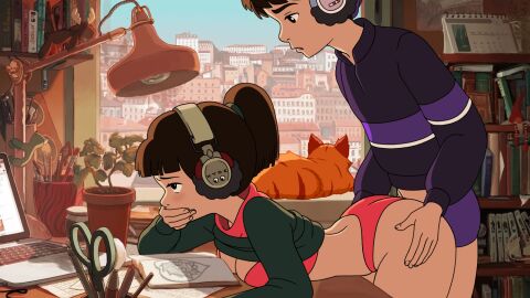 1boy 1girls 2d animated ass ass_focus bent_over bottom_heavy bottomless_male bouncing_ass clothed clothed_sex clothing covering_mouth desk distracted distracted_sex doggy_style embarrassed female female_focus fucked_from_behind fucked_silly gif half_naked hand_covering_mouth hand_over_mouth headphones indoors kyde lofi_girl looking_at_partner looking_away looking_pleasured loop male on_desk panties panties_aside penetration penis petite romantic romantic_ambiance romantic_couple shy skinny student study_room studying sweater_lift synthwave_boy teenage_couple teenager thick_ass thick_thighs thighs trying_to_be_quiet young