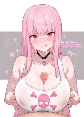 1boy 1girls alternate_version_available aroused bluefield breasts cum cum_on_breasts cum_on_face cum_on_hair ejaculation_between_breasts english_text female hi_res hololive hololive_english hololive_myth huge_breasts large_breasts light-skinned_female light_skin long_hair male male_pov mature_female mori_calliope nipples paizuri pale-skinned_female pale_skin pink_eyes pink_hair pov titjob uncensored virtual_youtuber vtuber