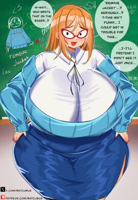 1girls batcubus breasts english_text female female_focus female_only glasses kindergarten_(game) kindergarten_3 large_breasts light-skinned_female light_skin looking_at_viewer ms._lovelett skirt solo text thick_thighs thighs venus_body wide_hips