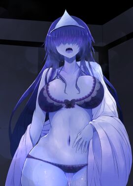 1girls arano_oki belly black_bra black_panties blush bra breasts cleavage curvy drooling female front-tie_top ghost hair_over_eyes large_breasts lingerie long_hair looking_at_viewer navel off_shoulder okiku_(banchou_sarayashiki) panties purple_hair robe sweat tagme thick_thighs thighs touhou triangular_headpiece underwear undressing very_long_hair