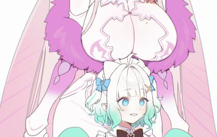 2girls aqua_sleeves arms_at_sides arthropod_girl arthropod_limbs black_bow black_bowtie blue_eyes bow bowtie breasts cleavage cleavage_cutout clothing_cutout cockroach_girl commentary derivative_work dress female frills fur-trimmed_dress fur_trim ghost_girl gradient_hair green_hair hair_ornament head_out_of_frame huge_breasts indie_virtual_youtuber long_hair maid_headdress matara_kan matara_kan_(1st_costume) mint_fantome mint_fantome_(minto_2.0) mole mole_on_breast monster_girl multicolored_hair multiple_females multiple_girls parted_lips pink_hair pointy_ears screenshot_redraw short_hair simple_background size_difference smile streaked_hair symbol-only_commentary terupancake two-tone_hair two_side_up very_long_hair virtual_youtuber white_background white_dress white_hair white_headdress x_hair_ornament youtube youtuber