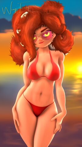 1girls 3d beach bikini female female_focus female_only fuzzy_(splatoon) fuzzy_octoling hand_on_hip lipstick looking_at_viewer midriff octoling octoling_girl octoling_rival pink_glasses red_bikini red_hair sfm splatoon splatoon_3 sunset tanned_female tanned_skin tentacle_hair wing_fury yellow_eyes