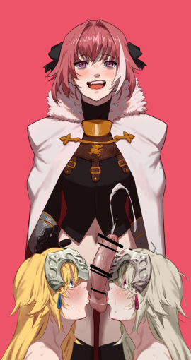 1boy 2024 2d 2d_(artwork) 2girls armor astolfo_(fate) big_penis blonde_hair blush bottomless cape censored collaborative_fellatio crown cum cumshot double_fellatio empty_eyes fate/apocrypha fate/grand_order fate_(series) fellatio female femboy femboy_on_female femboydom femsub ffm_threesome good_boy hirundo_rustica hong_doo huge_cock hung_femboy jeanne_alter jeanne_d'arc_(fate) jeanne_d'arc_(fate)_(all) light-skinned_female light-skinned_male light_skin long_hair looking_at_viewer looking_pleasured male maledom multicolored_hair multiple_females multiple_girls oral otoko_no_ko outercourse penis penis_lick pink_eyes pink_hair realistic_penis_size red_background servant_(fate) silver_hair sisters smile sweat teamwork thighhighs threesome white_hair