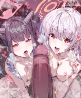 1boy 2girls absurdres blue_archive bow braid breasts censored completely_nude demon_girl demon_horns finger_to_mouth fuuka_(blue_archive) hair_between_eyes hairbow halo haruna_(blue_archive) heart highres horns large_breasts long_hair multiple_girls nipples nude penis pink_halo pov red_eyes saliva single_braid small_breasts sunnysideup tongue tongue_out yellow_bow yellow_halo