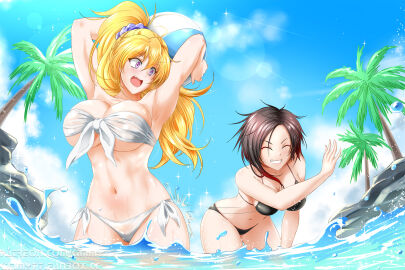 2girls beach beach_ball bikini black_bikini black_hair black_swimsuit blonde_hair breasts closed_eyes clouds female female_only holding_beachball human in_water kimmy77 large_breasts midriff multicolored_hair multiple_females multiple_girls navel ocean outside palm_tree ponytail purple_eyes red_hair ruby_rose rwby short_hair side-tie_bikini side-tie_swimsuit sky spanking swimsuit water white_bikini white_swimsuit yang_xiao_long