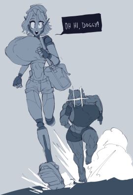 2girls big_breasts breasts felicia_(krekk0v) female gattles huge_breasts mre_(gattles) multiple_females multiple_girls muscular muscular_female nipple_bulge original original_character original_characters running small_ass text text_bubble top_heavy